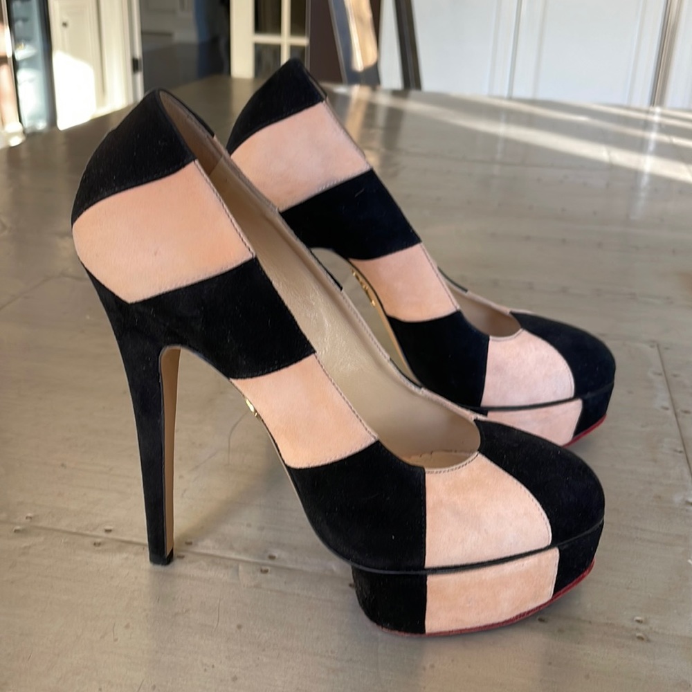 Charlotte Olympia Priscilla in stripes black blush suede platform pump sz 38.5